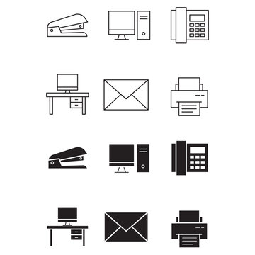 Office supplies and workplace equipment vector line and glyph icon set
