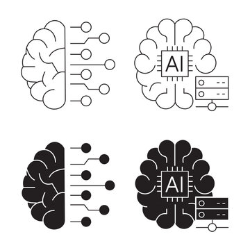 Artificial intelligence brain circuit and AI server technology icon set