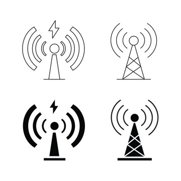 Radio transmitter tower and wireless signal antenna vector icon set