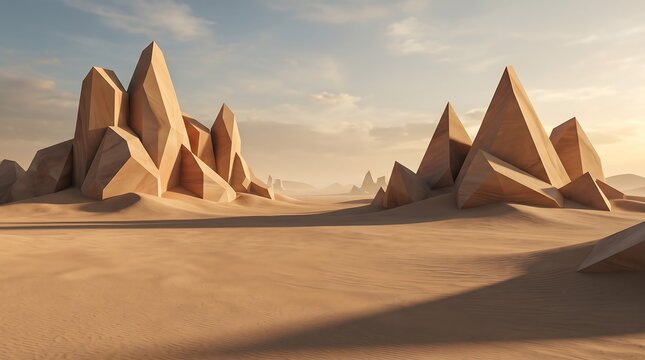 Low poly desert landscape with geometric rock formations. Stylized 3D sandstone mountains in a dry sandy wilderness. Minimalist arid environment.