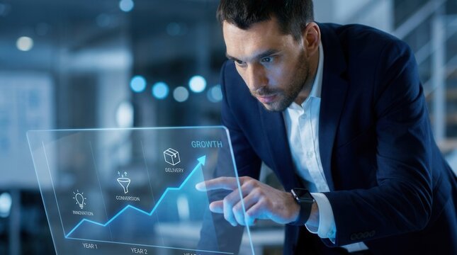 Professional man interacting with a digital interface showing the stages of new product development.