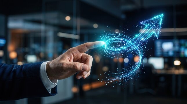 Concept of change management featuring a luminous digital arrow swirling upwards through a hand.