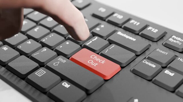 Hand About to Press Red "Check Out" Button on Black Keyboard, 3D Keyboard, Red Check Out Key Animation