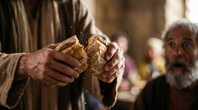 The two disciples at Emmaus suddenly recognizing Jesus the exact moment he breaks the bread.