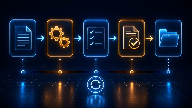 Automated digital workflow process with glowing neon document icons representing electronic business operation steps