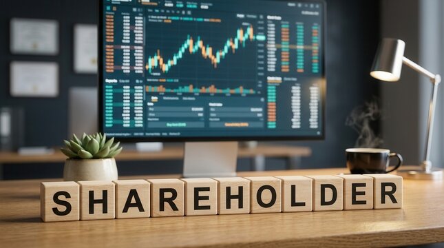 A shareholder concept for annual general meetings and corporate reporting with stock market charts on a screen.