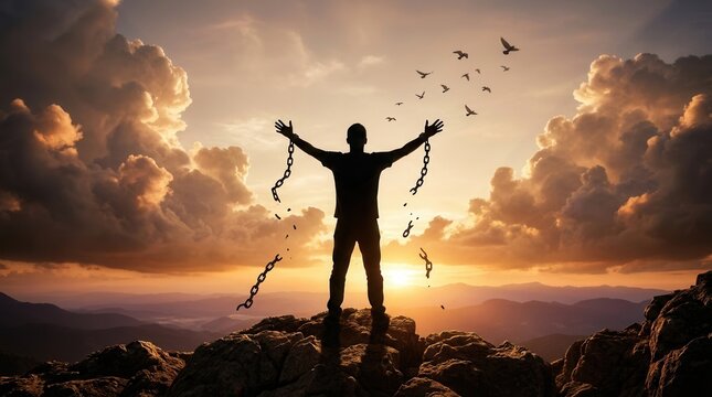 A man enjoying nature and liberation as birds fly away after breaking his chains.