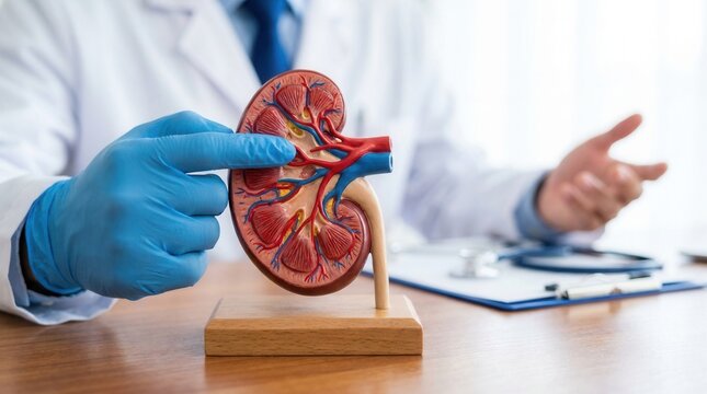 A physician explaining urinary tract disorders using a detailed kidney anatomical model