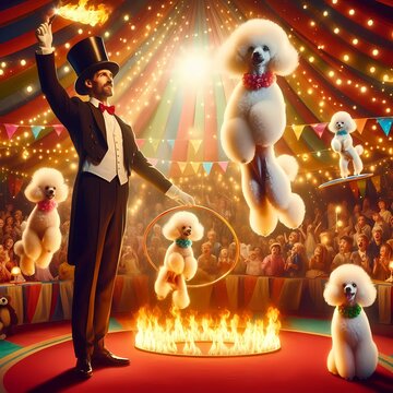 A whimsical scene of trained poodles jumping through fire hoops with a ringmaster in a top hat, Ai generated image
