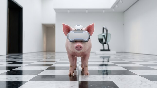 A surreal concept of a pig using virtual reality technology inside a modern art museum.