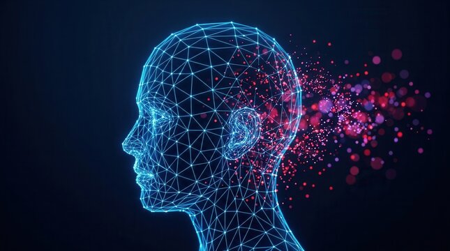 Technology concept featuring a blue wireframe head with red data particles and artificial intelligence symbolism