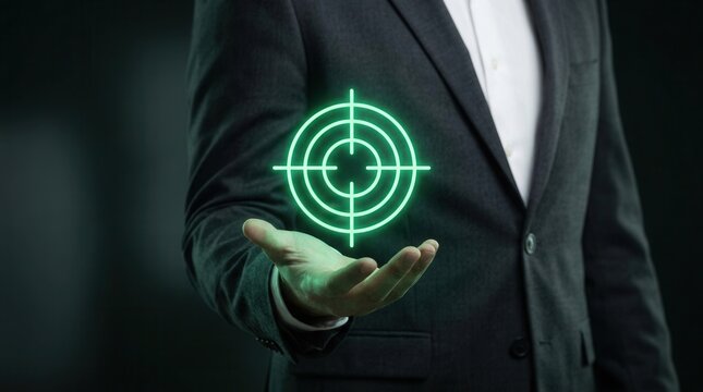Concept of achievement and precision with a glowing green target symbol in a businessman's hand.
