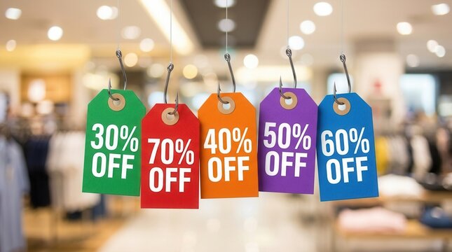Concept of attractive retail sales represented by colorful discount tags on fishing hooks.
