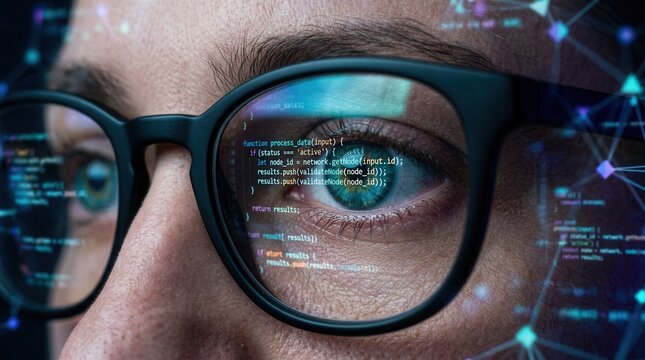 A person's eye behind spectacles with programming code reflections, representing data and digital expertise.