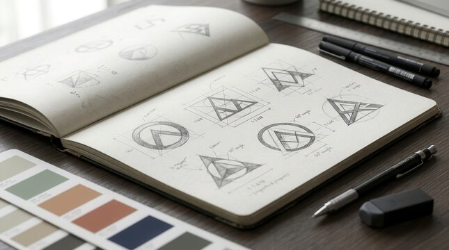 Creative logo design process featuring geometric pencil sketches on white paper.