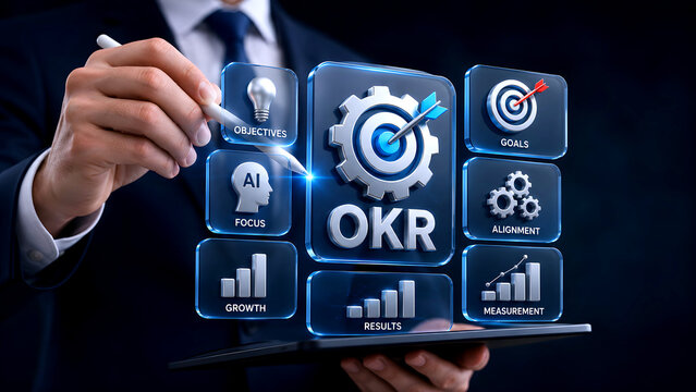 Businessman using OKRs to define key objectives, manage tasks, measure performance through KPIs, and drive progress toward strategic business goals.