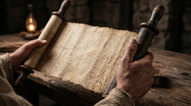 Jesus standing in the synagogue at Nazareth, unrolling the sacred scroll of Isaiah to proclaim his divine mission.