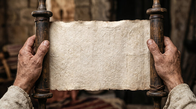 Jesus standing in the synagogue at Nazareth, unrolling the sacred scroll of Isaiah to proclaim his divine mission.