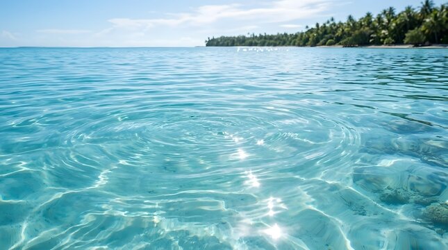 Clear turquoise ocean water with tropical island in background