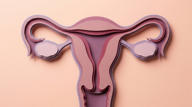 Internal female reproductive system anatomy represented in a delicate paper layered style.
