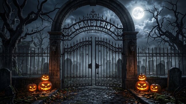 Spooky Halloween cemetery gate at night, haunted graveyard with glowing jack-o-lanterns, eerie moonlit cemetery entrance