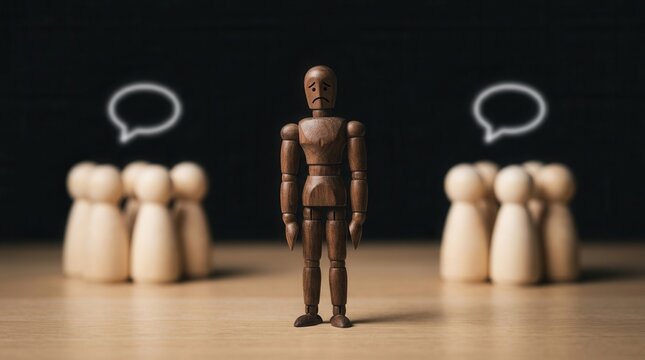 Discrimination and bullying depicted through a sad wooden figure excluded from a social group in a workplace or school.