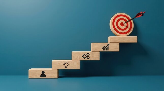 Project management and company strategy shown through wooden blocks and action plan icons.