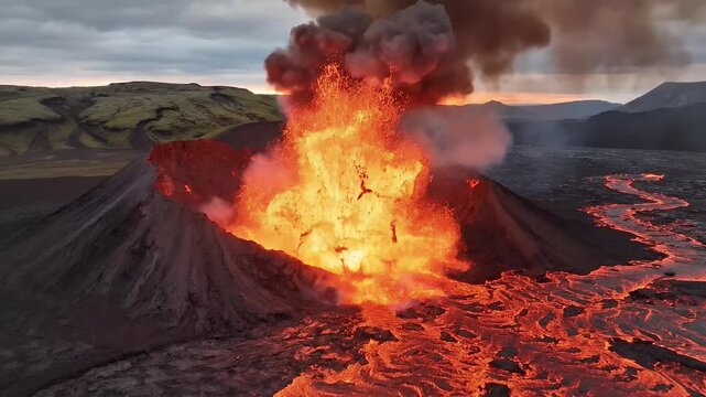 Volcanic eruption with flowing lava and smoke plume, fiery molten rock spilling over crater rim, destructive natural disaster in remote landscape
