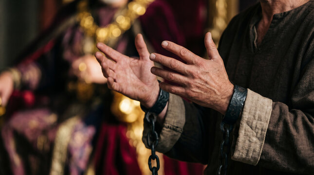 Paul standing boldly in heavy iron chains before King Agrippa and Bernice in their lavish royal auditorium.