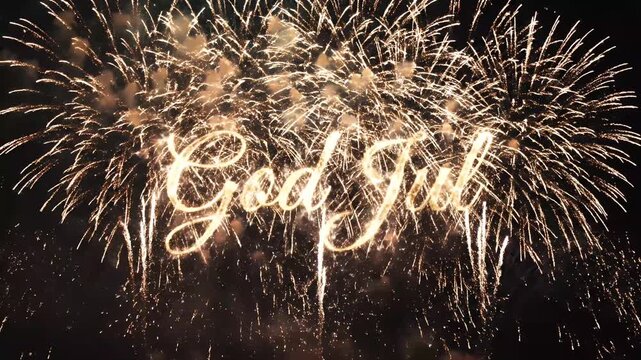 God Jul text effect with festive red blue fireworks exploding in the night sky