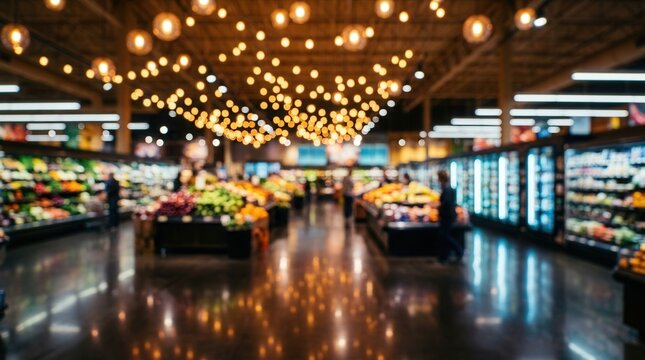Wide aisles and refrigerated shopping sections in a modern grocery store.