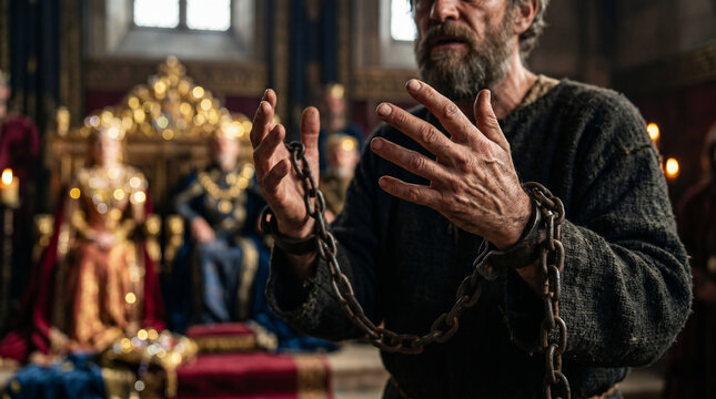 Paul standing boldly in heavy iron chains before King Agrippa and Bernice in their lavish royal auditorium.