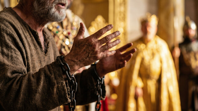 Paul standing boldly in heavy iron chains before King Agrippa and Bernice in their lavish royal auditorium.