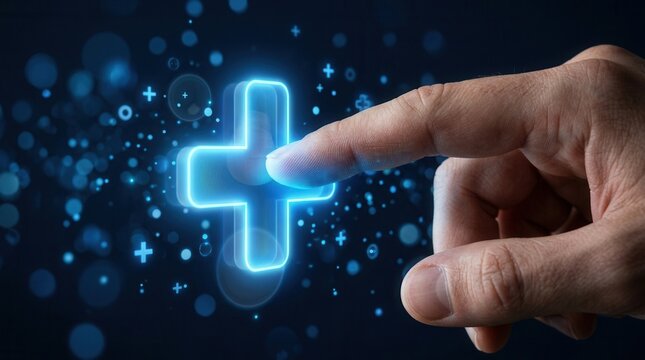 Adding positive content through a glowing blue digital plus sign interface.