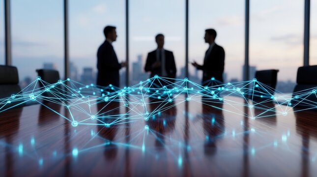 Modern office boardroom with a glowing digital network for global data integration and communication.