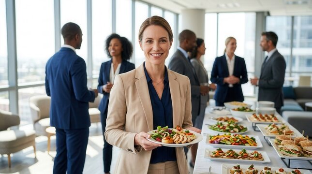 A business professional woman networking with colleagues during a catered conference lunch.