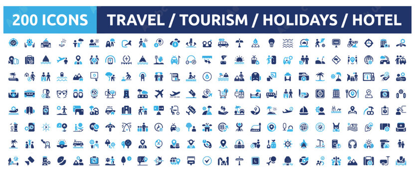 Travel and tourism holiday hotel icons in blue shades for travel booking websites.