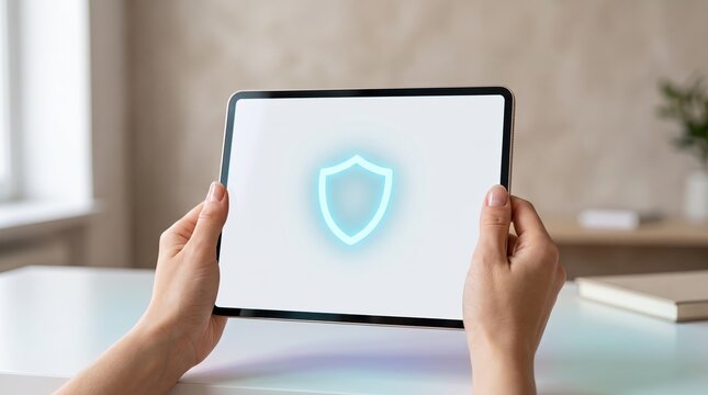 Person hands holding tablet device displaying glowing blue shield icon on screen representing cybersecurity protection, antivirus software safety and secure data privacy in modern