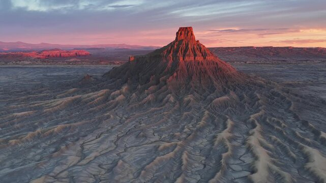 Aerial view of the dramatic Factory Butte landscape featuring eroded badlands and desert terrain illuminated by golden hour light in Wayne County, Utah, United States.