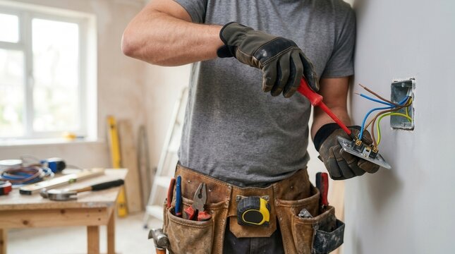 A worker in a tool belt meticulously connects wiring to a wall outlet during construction.