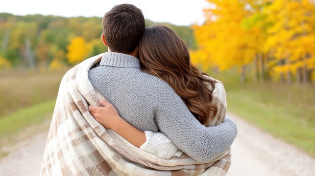A loving couple wrapped in a blanket embracing in a golden autumn forest