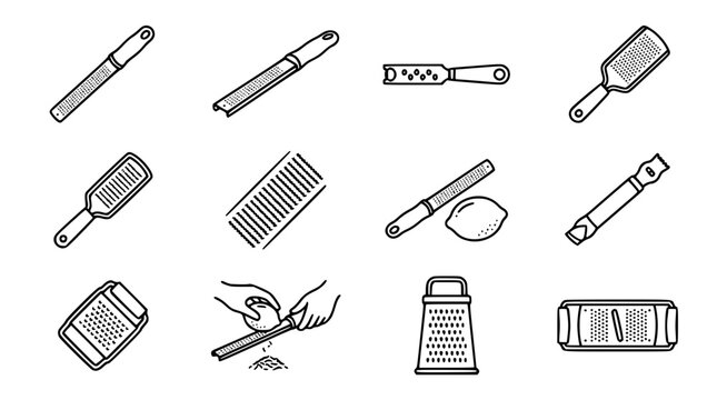 Black and White Line Art Illustration of Various Graters and Zesters for Food Preparation
