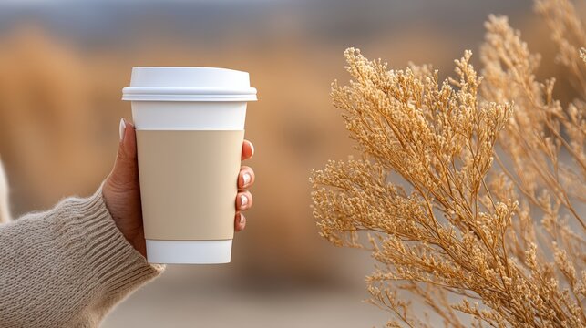 Woman holding a takeaway coffee cup with a blank label next to dried flowers