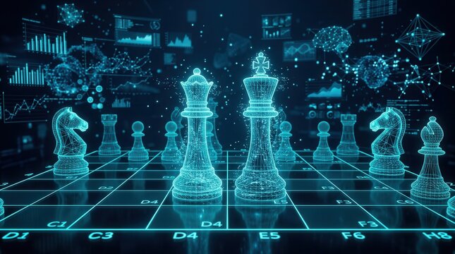 Business strategy and competition concepts shown through digital chess pieces on a glowing board.