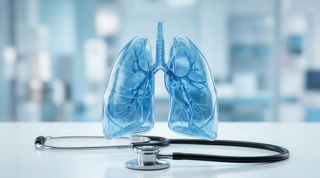 Digital medical concept showing lungs and stethoscope for respiratory disease diagnosis.