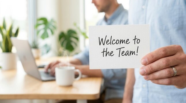 Modern workspace setting with a Welcome to the Team note for successful employee onboarding and integration.