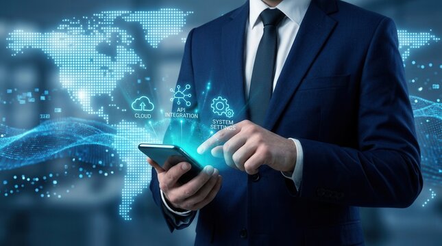 Digital technology concept of cloud platforms and API integration through a mobile device.