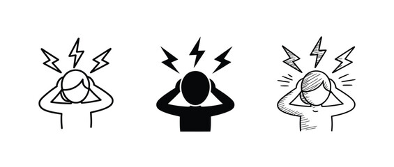 Fototapeta premium Stressed person head silhouette collection with lightning bolts in black and white sketch style for psychological distress representation.