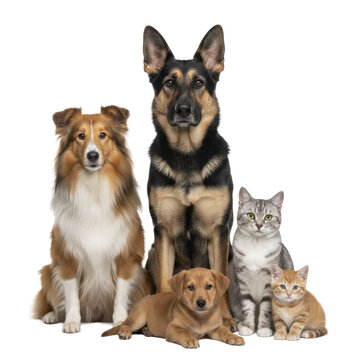 Diverse group of dogs and cats including a collie, german shepherd, and kittens sitting together on a transparent background, concept of animal companionship