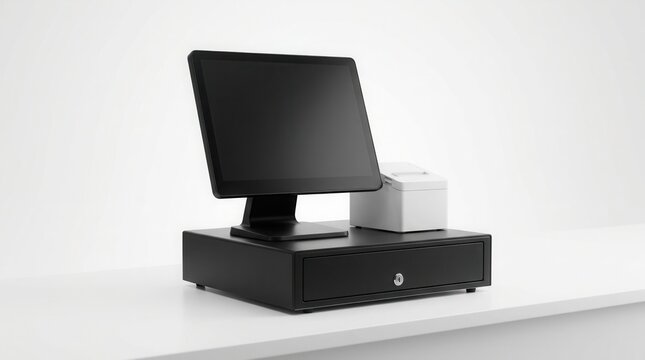 Retail cashier machine setup with black monitor and cash drawer on white background.